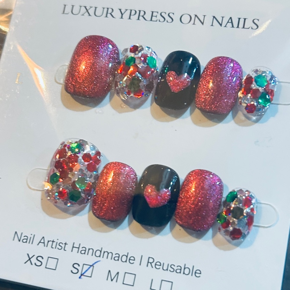 Nail Art Handmade Elegant pink Black Nails Set Rhinestone Jewels press on Rewear
